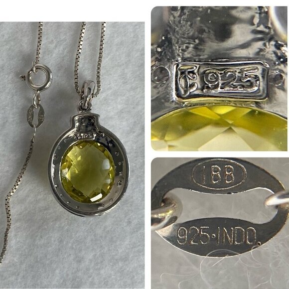 Sterling Silver 925 Oval Domed Faceted Yellow Citrine & Diamond Pendant Necklace - Picture 9 of 16